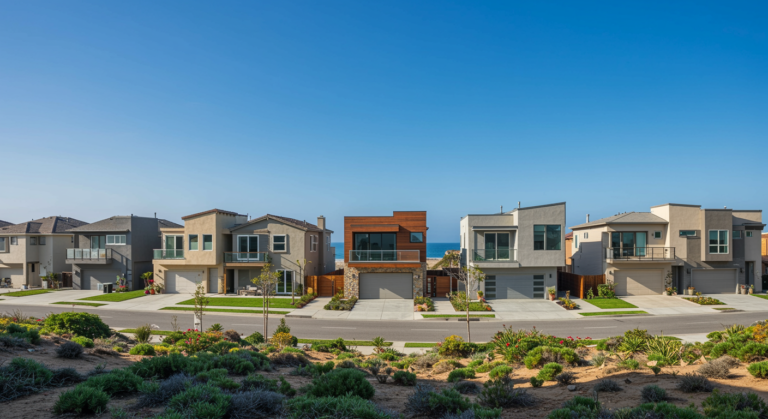 Wide view of newly renovated modern coastal homes in Mission Beach QLD, showing clean exterior finishes, neat lawns, landscaped gardens, paved driveways and ocean views under a clear blue sky.