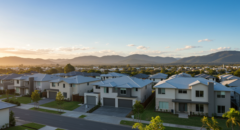 Wide view of newly built modern homes in Cairns QLD, showing clean exterior finishes, neat lawns, landscaped gardens, paved driveways and mountain views at golden hour.