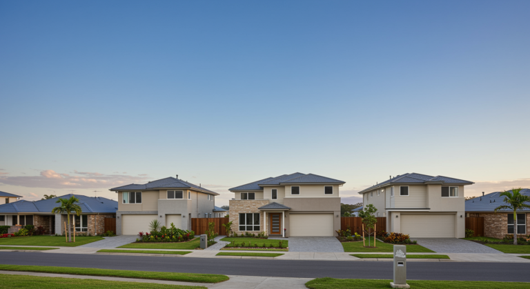 Wide view of newly built modern homes in Cassowary Coast QLD, showing clean exterior finishes, neat front lawns, landscaped gardens, paved driveways and a quiet residential street at golden hour.