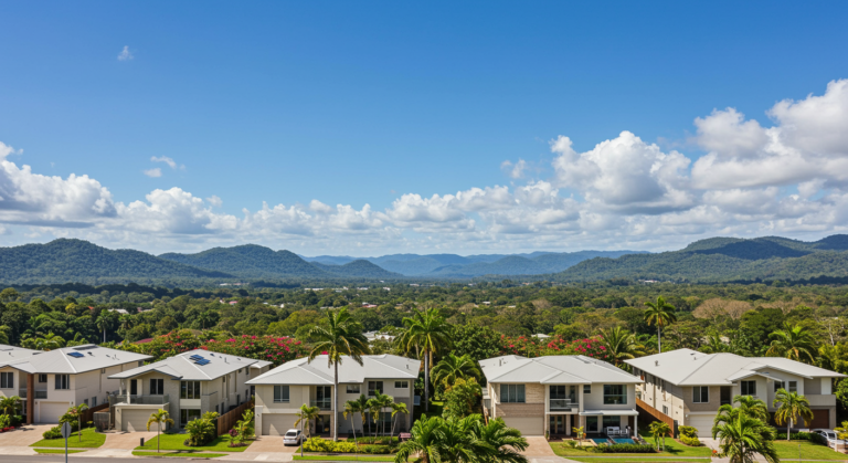 Wide view of newly built modern homes in Far North Queensland QLD, showing clean exterior finishes, neat lawns, landscaped tropical gardens, palm trees and mountain views under a bright blue sky.