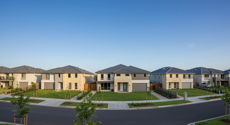 Wide view of newly built modern homes in Townsville QLD, showing clean exterior finishes, neat front lawns, landscaped gardens, paved driveways and a quiet residential street under a clear blue sky.